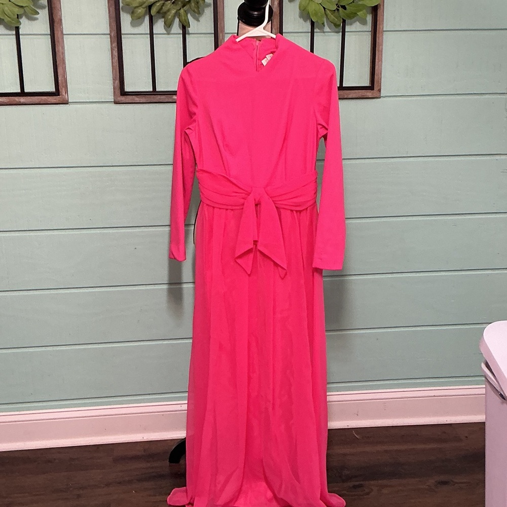 Vintage Union Made Hot Pink Maxi Dress – Long Sleeve – Made in USA – Size 11